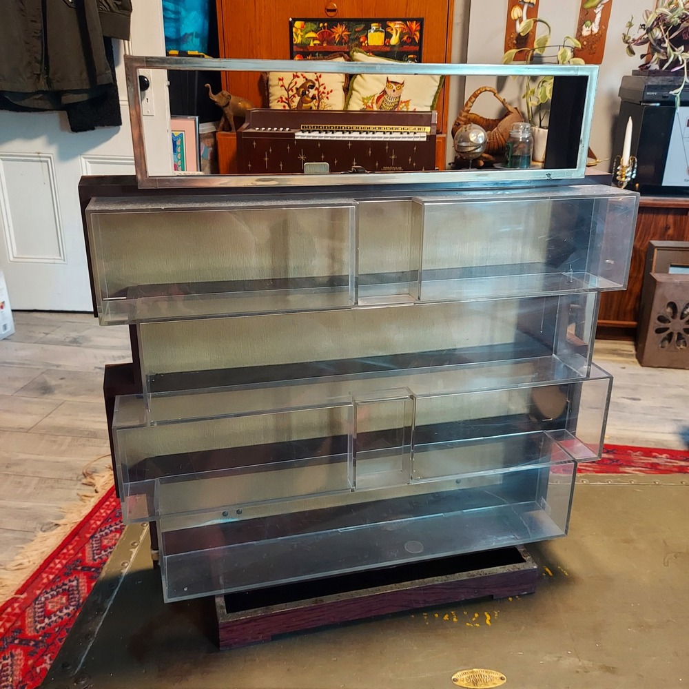 Vintage Tiered Acrylic and Wood Grain Tabletop Display Case 21.5x20x5 MCM Style